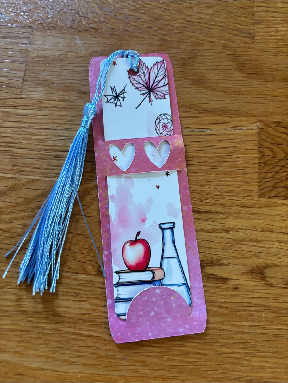 Pink School-Themed metal Bookmark with Blue Tassel
